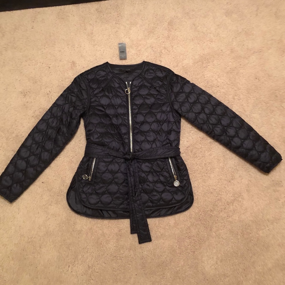 Ann Taylor quilted navy tie waist jacket xs p